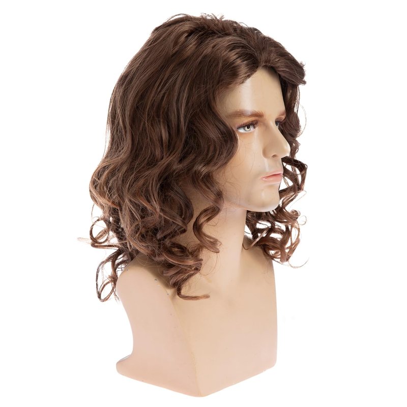 Beweig Brown Wig for Men Long Curly Wavy Synthetic Halloween Costume Party Wig for Male