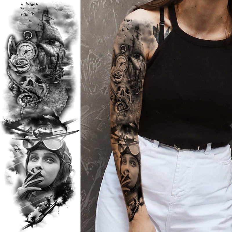 Military Tempoary Tattoo Sleeves For Men, Large Full Arm Warrior Soldier Patriotic Fake Tattoo Sleeves Adult Women, Waterproof Black Lion Gun Warrior Temp Tatoo Sticker Leg Body Art Makeup, 8-Sheet
