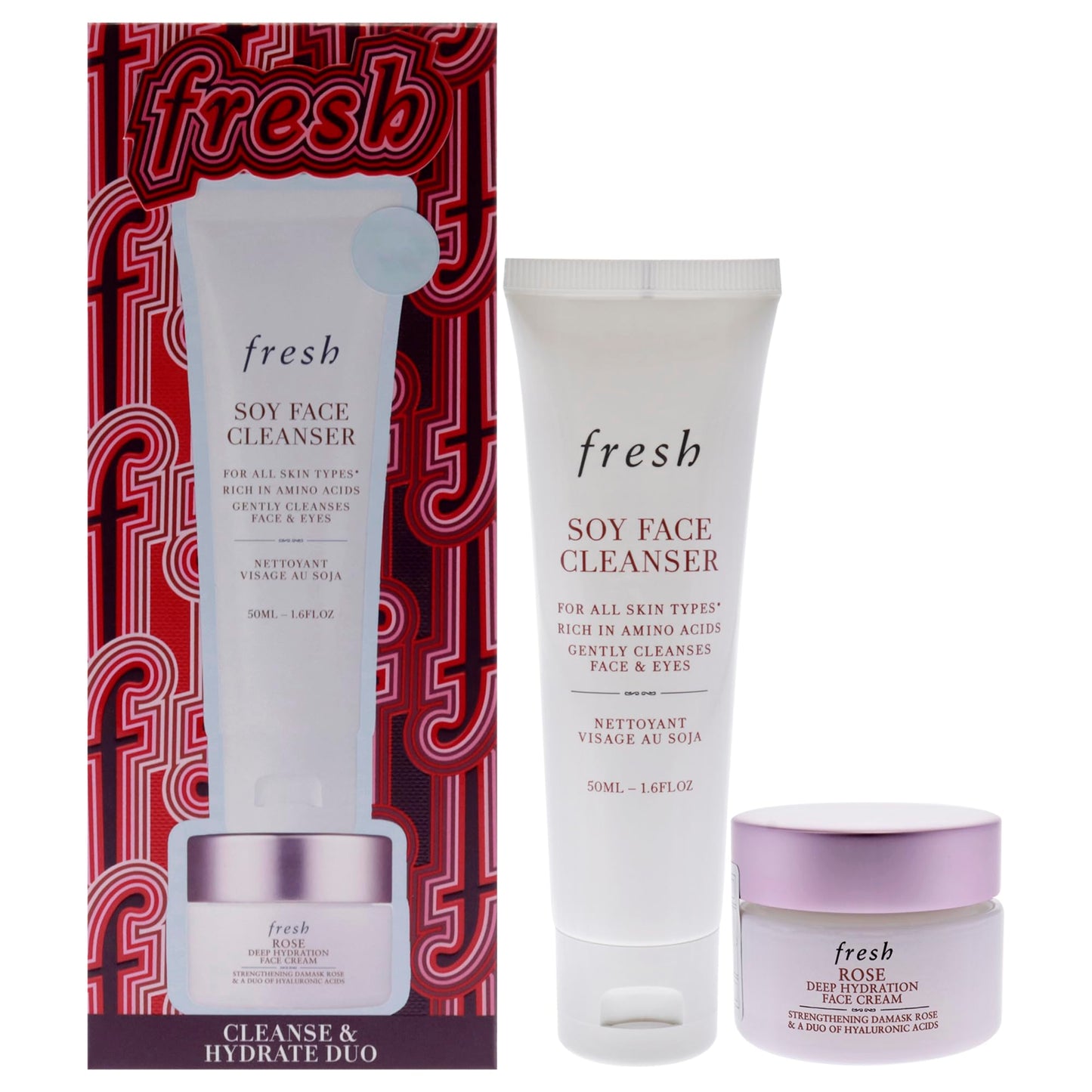 Fresh Cleanse And Hydrate Kit for Women - 2 Pc 0.5oz Rose And Hyaluronic Acid Deep Hydration Moisturizer, 1.6oz Soy Hydrating Gentle Face Cleanser