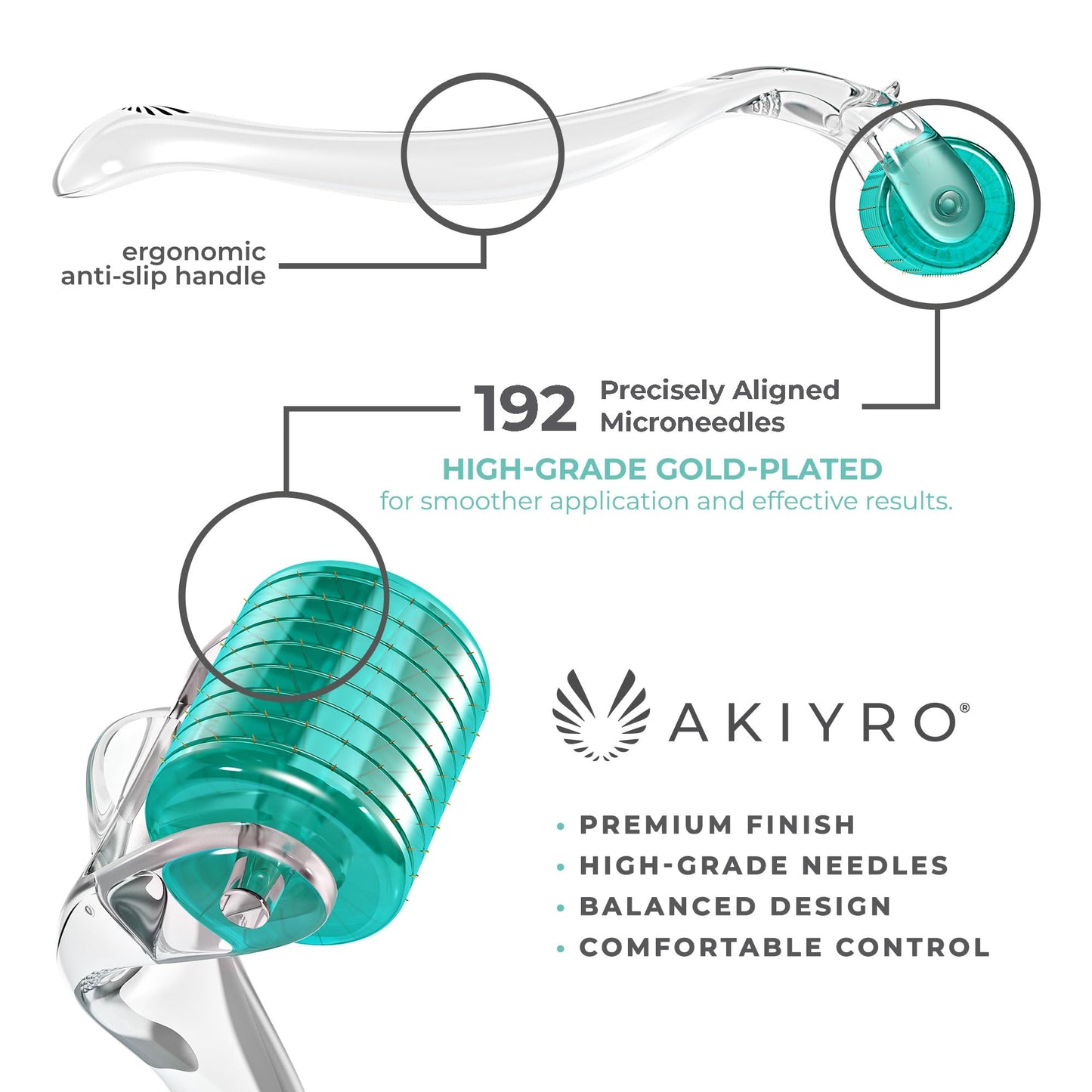 AKIYRO Derma Roller 0.30mm - Microneedle Roller with Storage Case - 192 Micro Needling Dermal Tool for Face, Beard, Scalp & Body - At Home Microneedling Skin Care for Women & Men (Green)