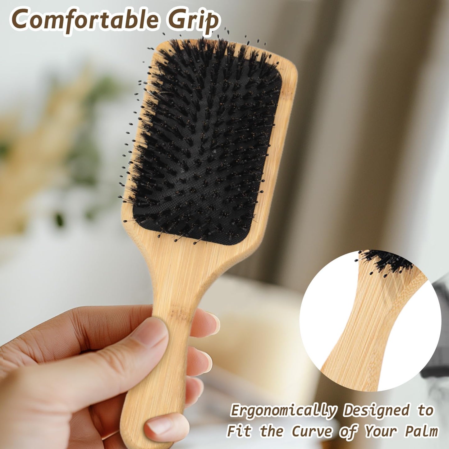 Wooden Paddle Hair Brush with Bristle & Detangling Pins – Hairbrush for Men, Women, to Reduce Frizz, Restore Shine & Promote Healthy Hair