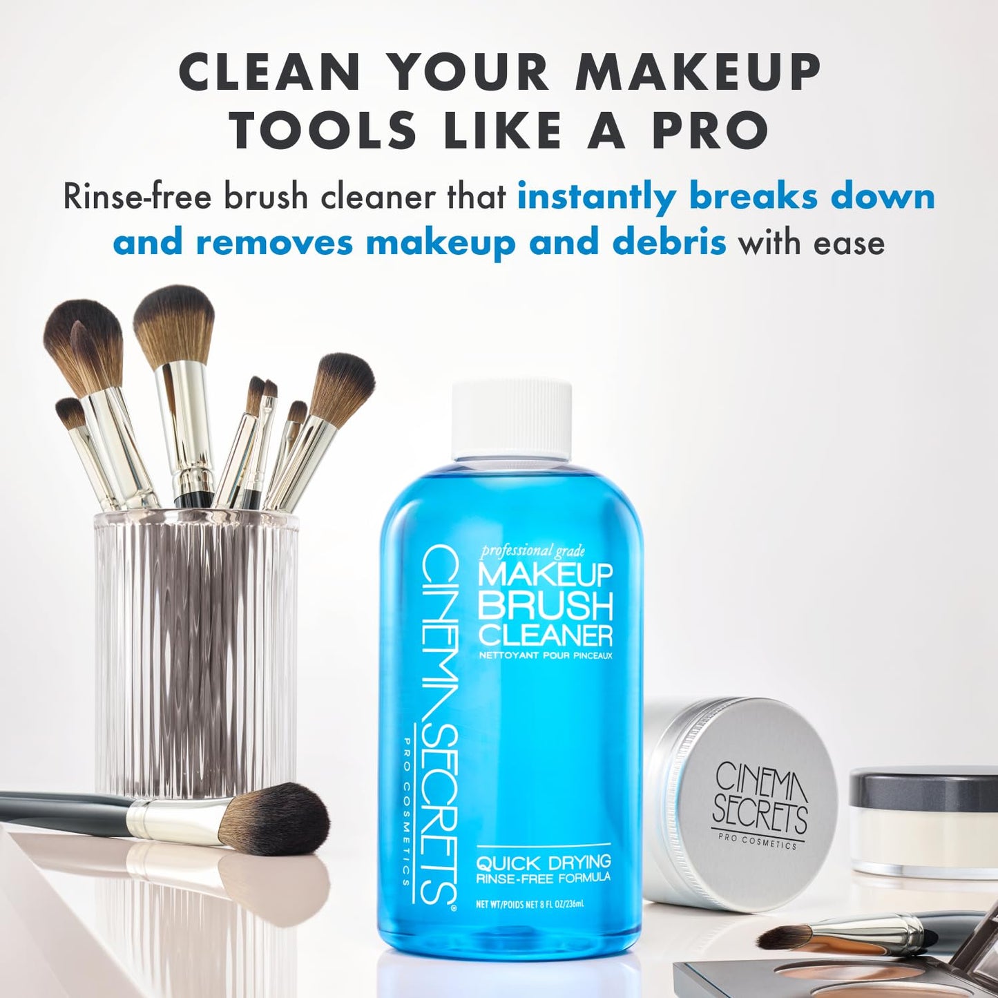 Cinema Secrets Original Blue Vanilla Makeup Brush Cleaner Kit - Professional Cleanser + Cleansing Tin for Makeup Brushes - Quick-Dry, Rinse-Free Formula - Removes Stubborn Waterproof Make Up (8 fl oz)
