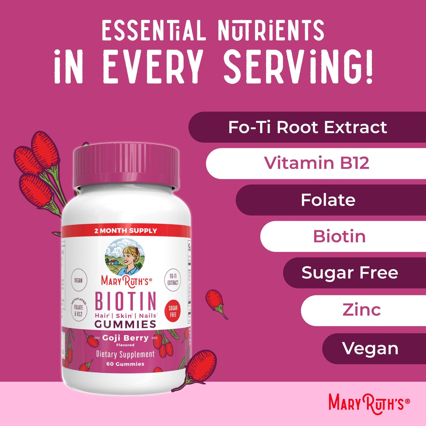 MaryRuth Organics Biotin Gummies | Sugar Free | Vegan | Non-GMO | 2,500 mcg Biotin Supplement | Hair Skin and Nails Vitamins | Hair Growth Vitamins | Hair Growth Supplement | 60 Count