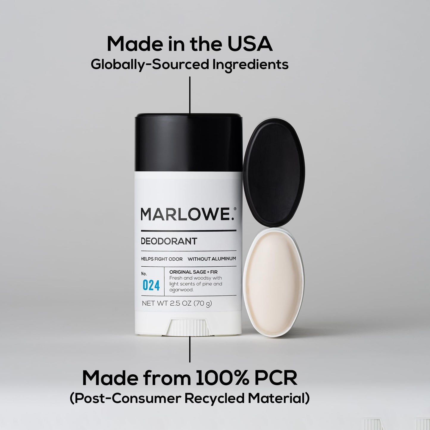 MARLOWE. Aluminum Free Men's Deodorant Stick, Sage +Fir, 2.5 oz, 3 Pack