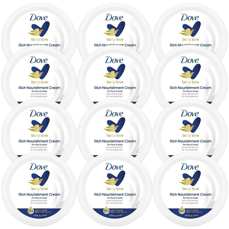 Dove Body Love Rich Nourishment Cream, Face, Hand and Skin Lotion for Extremely Dry Skin, Fast-Absorbing 72-Hour Moisturizing Formula with Ceramide Serum, Travel Size, 2.53 OZ (Pack of 12)