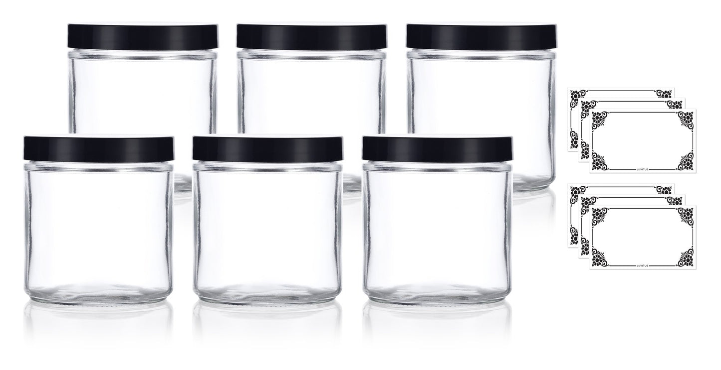 16 oz Clear Thick Glass Jar with Black Foam Lined Lid (6 pack)