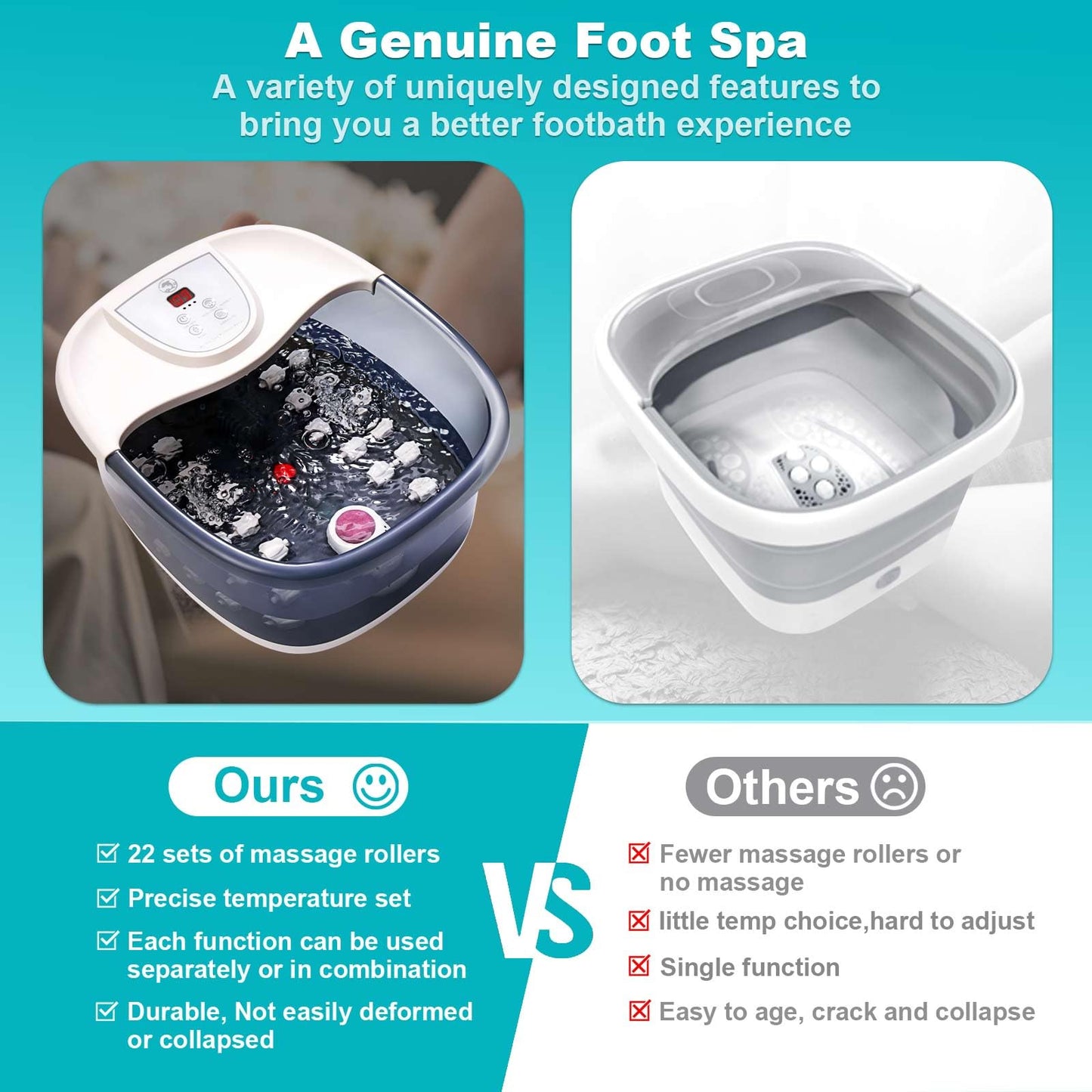 ECARBME Foot Spa Bath Massager with Heat, Foot Bath with 22 Massage Rollers, Temperature Control, Jets, Bubbles, Epsom Salt and Vibration, Foot Soaking Tub for Relaxation - Grey