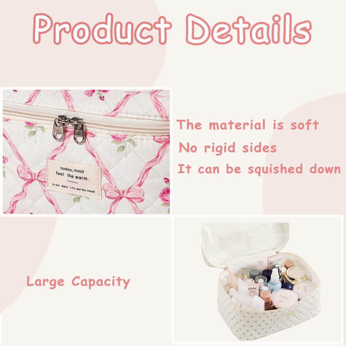 RSRSLEII 3Pcs Large Quilted Makeup Bag for Women and Girls, Cute Coquette Floral Cotton Cosmetic Bag, Aesthetic Travel Organized Toiletry Bags (3Pcs Pink Bows)