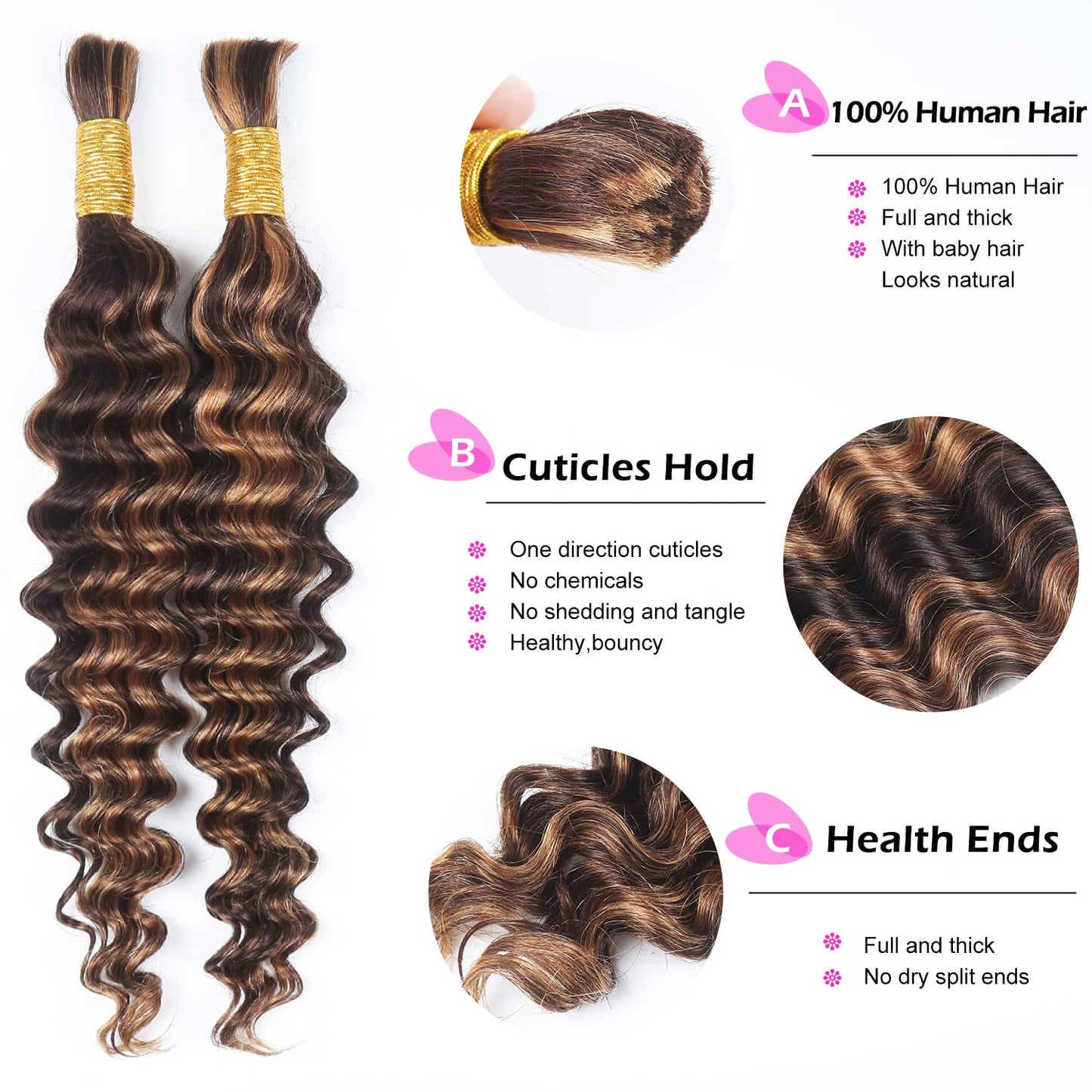 Deep Water Wave Curly Bulk Human Hair - Brazilian Virgin Hair for Micro Boho Braids | 100g, 22 Inch, P4/30 Highlight