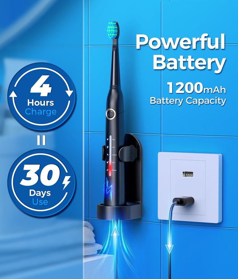 Sonic Electric Toothbrush - 40,000 VPM Deep Clean, 5 Modes | 8 Brush Heads & Travel Case, Rechargeable, Black