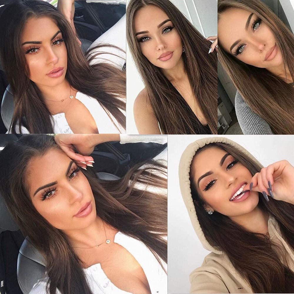 Missyvan Lace Front Wig Straight Hair Brown Color Long Wigs Glueless Heat Resistant Fiber Hair Dark Brown Synthetic Lace Front Wigs for Fashion Women