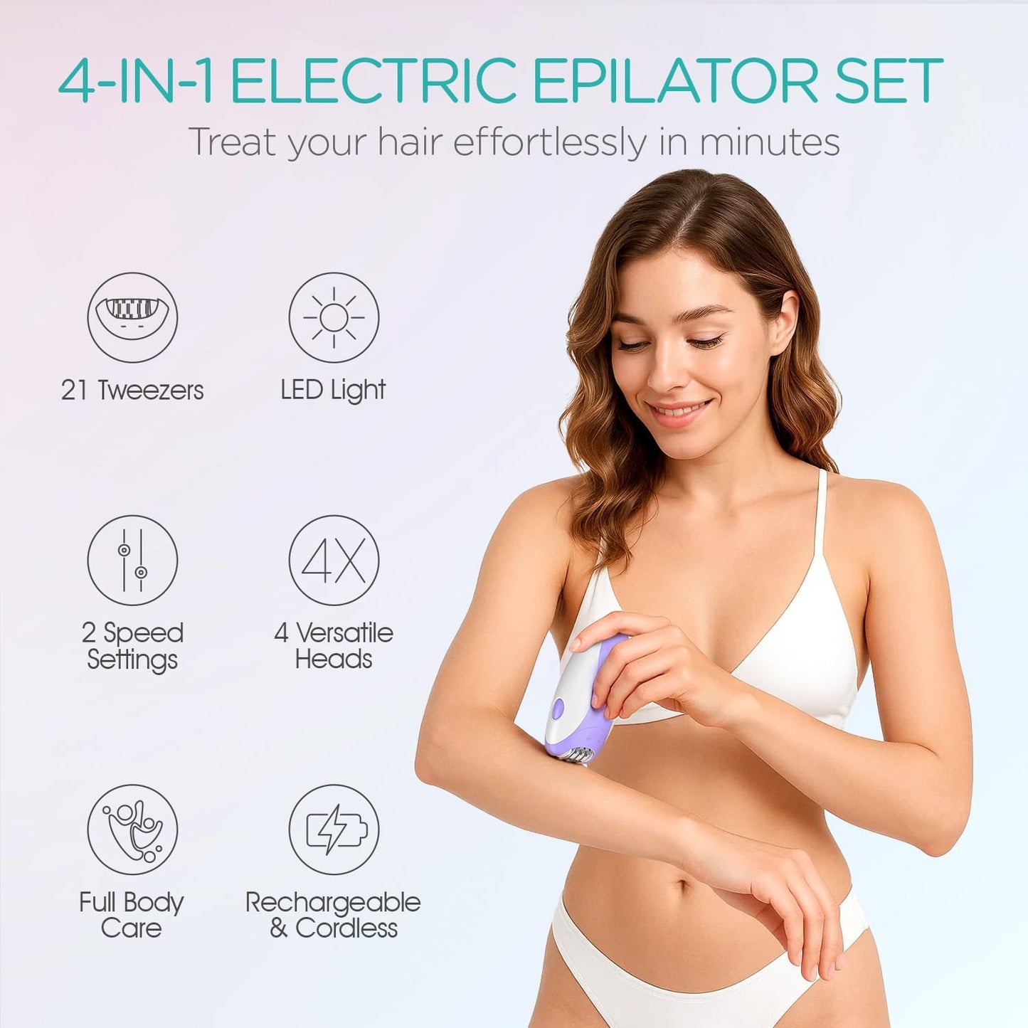 Epilator for Women - Cordless 4-in-1 Hair Removal Device with 21 Tweezers | Purple HR310