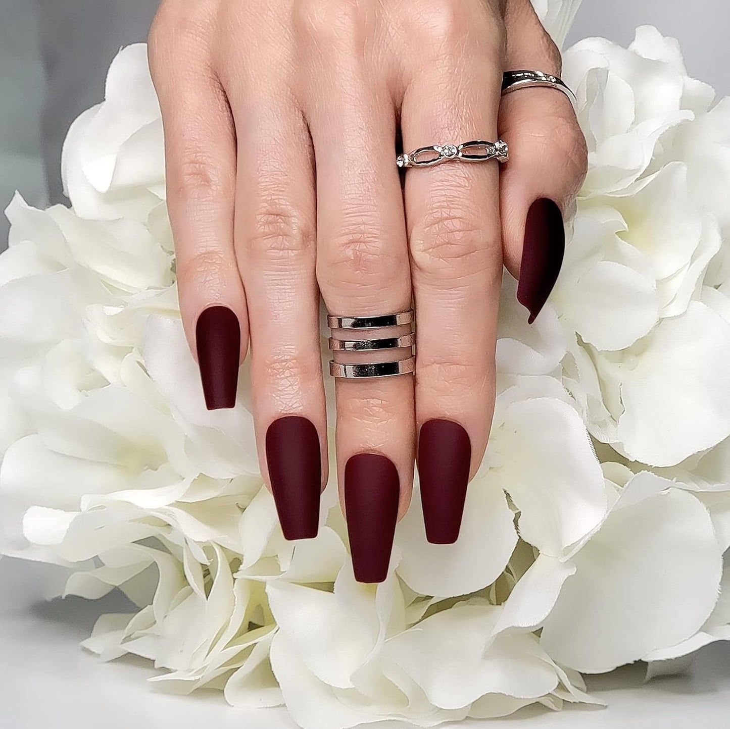 Press On Nails - Maroon Xtreme & Noir Matte Coffin | Trendy, Salon-Quality Reusable Nail Kit