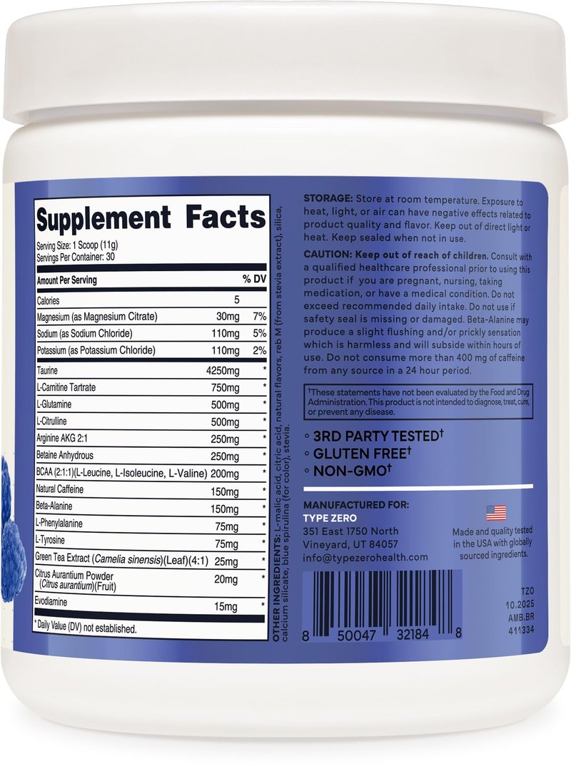 Type Zero Amino Burn - Vegan BCAA + Clean Pre Workout Powder with Arginine AKG, L-Citrulline & Beta Alanine - Amino Acid Clean Energy, Endurance & Hydration Supplement - Blue Raspberry, 30 Servings