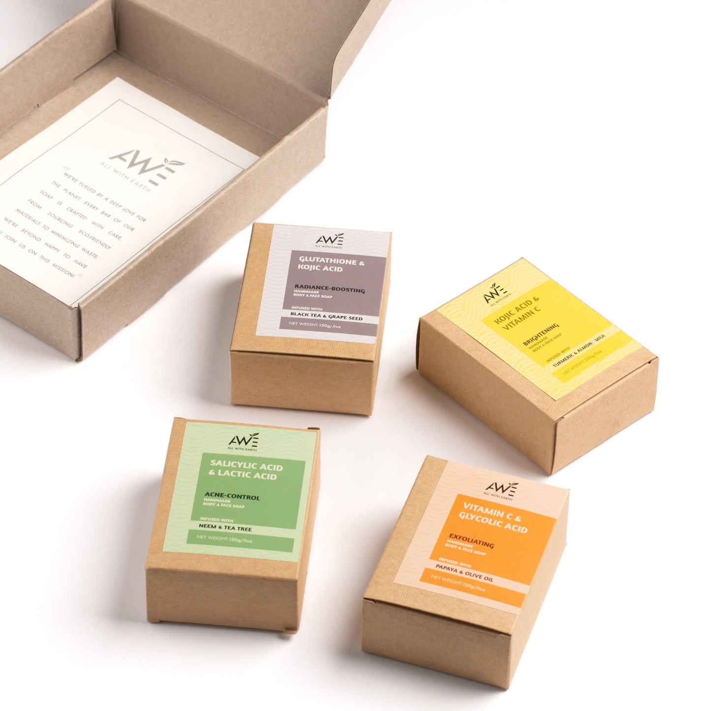 All With Earth Handmade Face & Body Soap Set of 4 Soaps Skin Brightening Hydrating Variants Vitamin C Retinol Kojic Acid Collagen Radiant Healthy Skin (Brightening Blends)