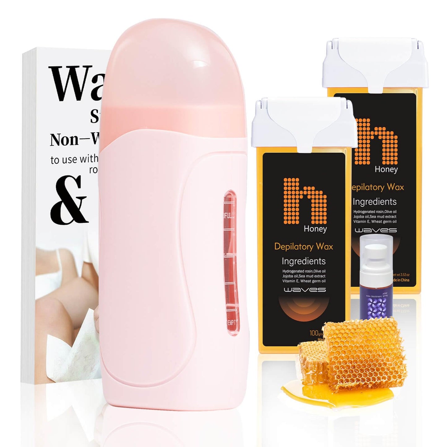 Waxpro Roll On Wax Kit for Women - Easy to Use - At-Home Hair Removal for Body (Arms & Legs) with 2 Wax Roller Cartridges & 50 Strips - White