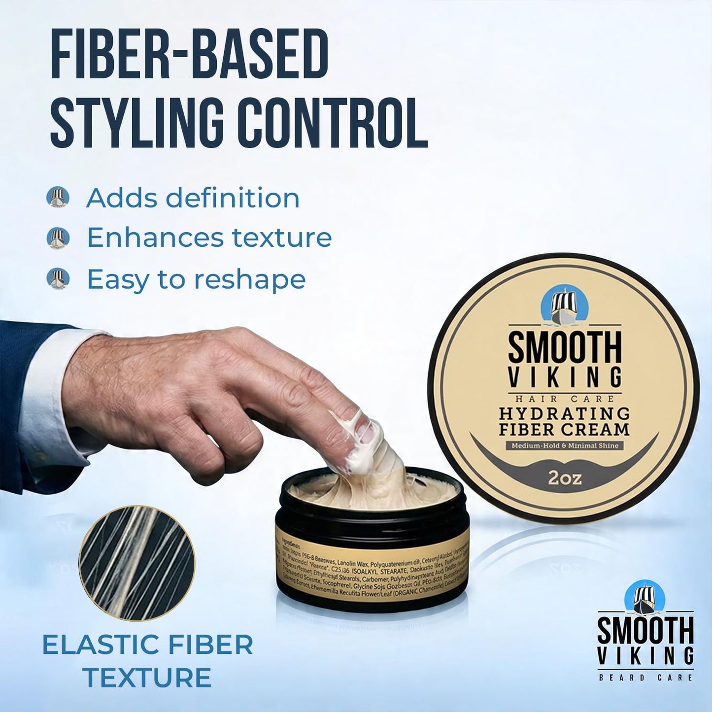 Smooth Viking Hydrating Fiber Cream for Men - Fiber Cream with Medium Hair Hold, Minimal Shine, 2oz - Hair Fibers for Thinning Hair, Flexible Mens Hair Cream for Natural Style
