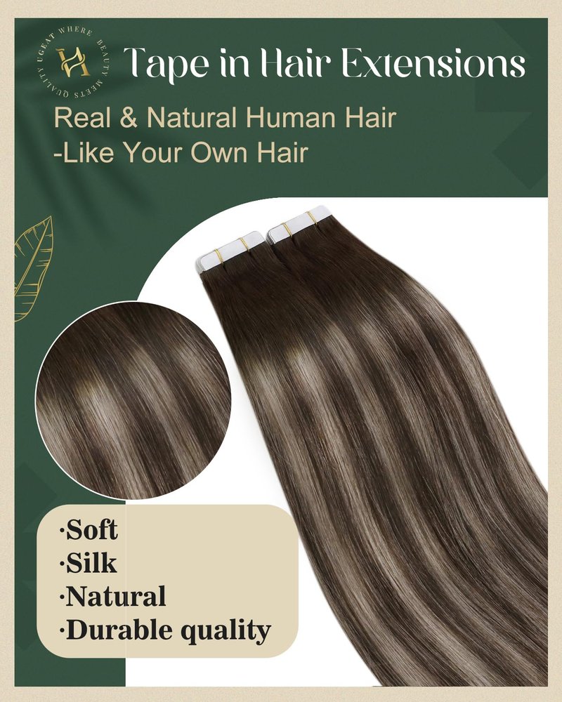 Ugeat 18 Inch Tape in Hair Extensions Balayage Invisible Tape in Hair Extensions Human Hair Ombre Dark Brown with Ash Blonde Tapes ins Human Hair Extension for Women 20Pcs 50G