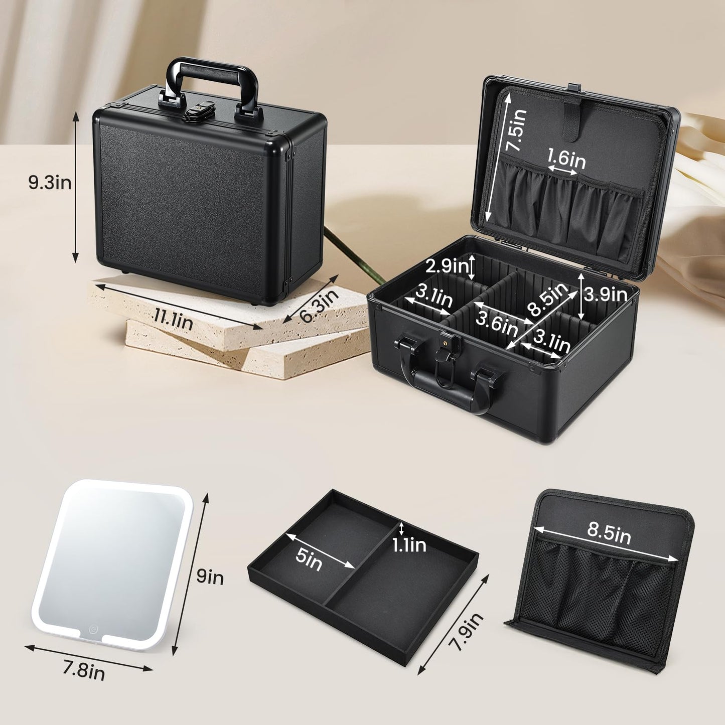 Faquenc Makeup Case with Lighted Vanity Mirror, Makeup Organizer Box Travel Make up Case with LED Mirror Portable Cosmetic Train Case for Countertop Lockable Makeup Suitcase with Adjustable Dividers