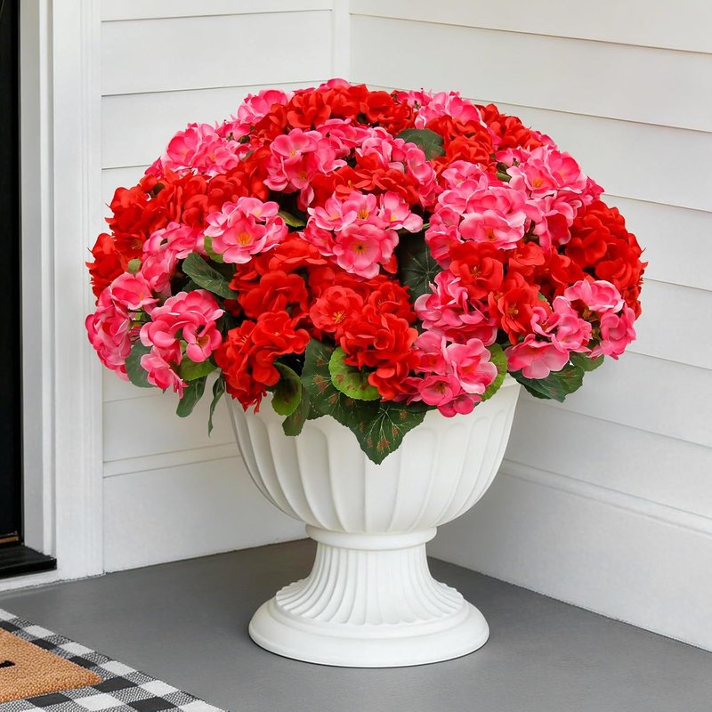 Artificial Geranium Flowers - 8 Bundles UV Resistant Fake Plants | Red & Pink for Outdoor Decor, Home & Garden