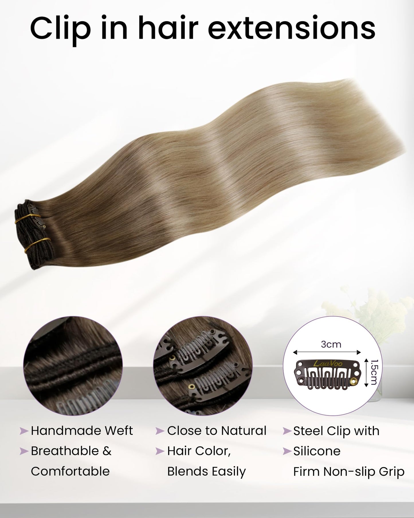 LaaVoo Clip in Hair Extensions Real Human Hair Blonde Ombre Human Hair Clip in Extensions Light Brown to Platinum Blonde Hair Extension Clip ins Silky Straight 18 Inch 5pcs/80g