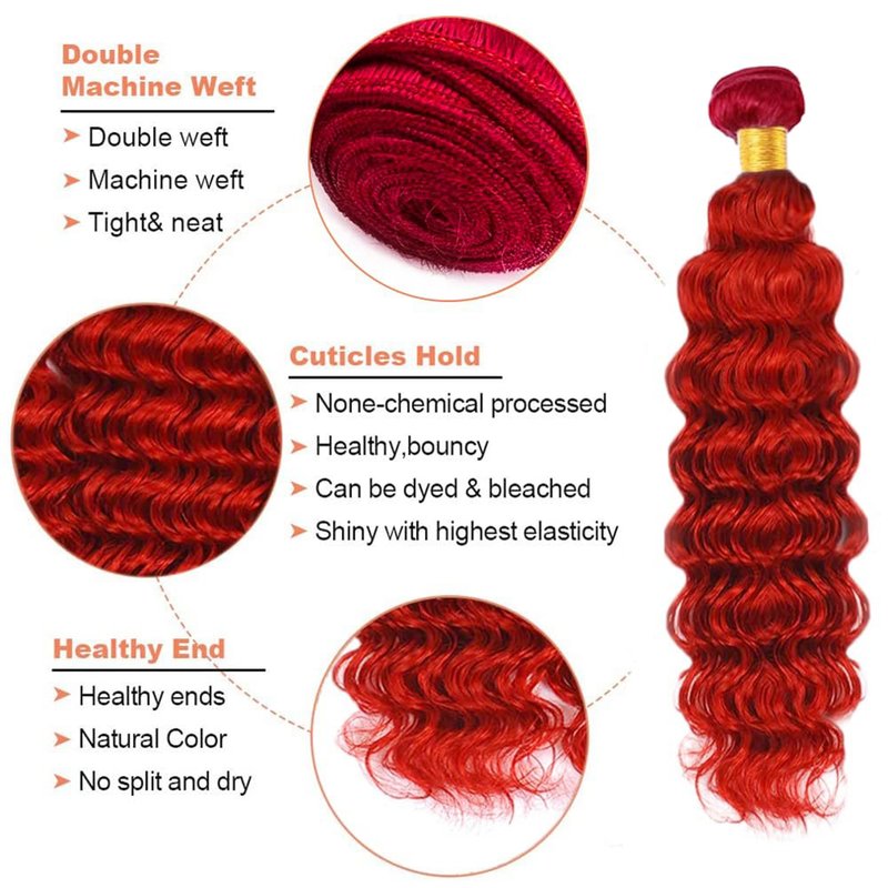 Red Human Hair Bundles Deep Wave 32 Inch Deep Single Bundle Human Hair Light Red Color Unprocessed Native Virgin Hair 100g Total Double Weft Crochet Human Hair Extensions for Women