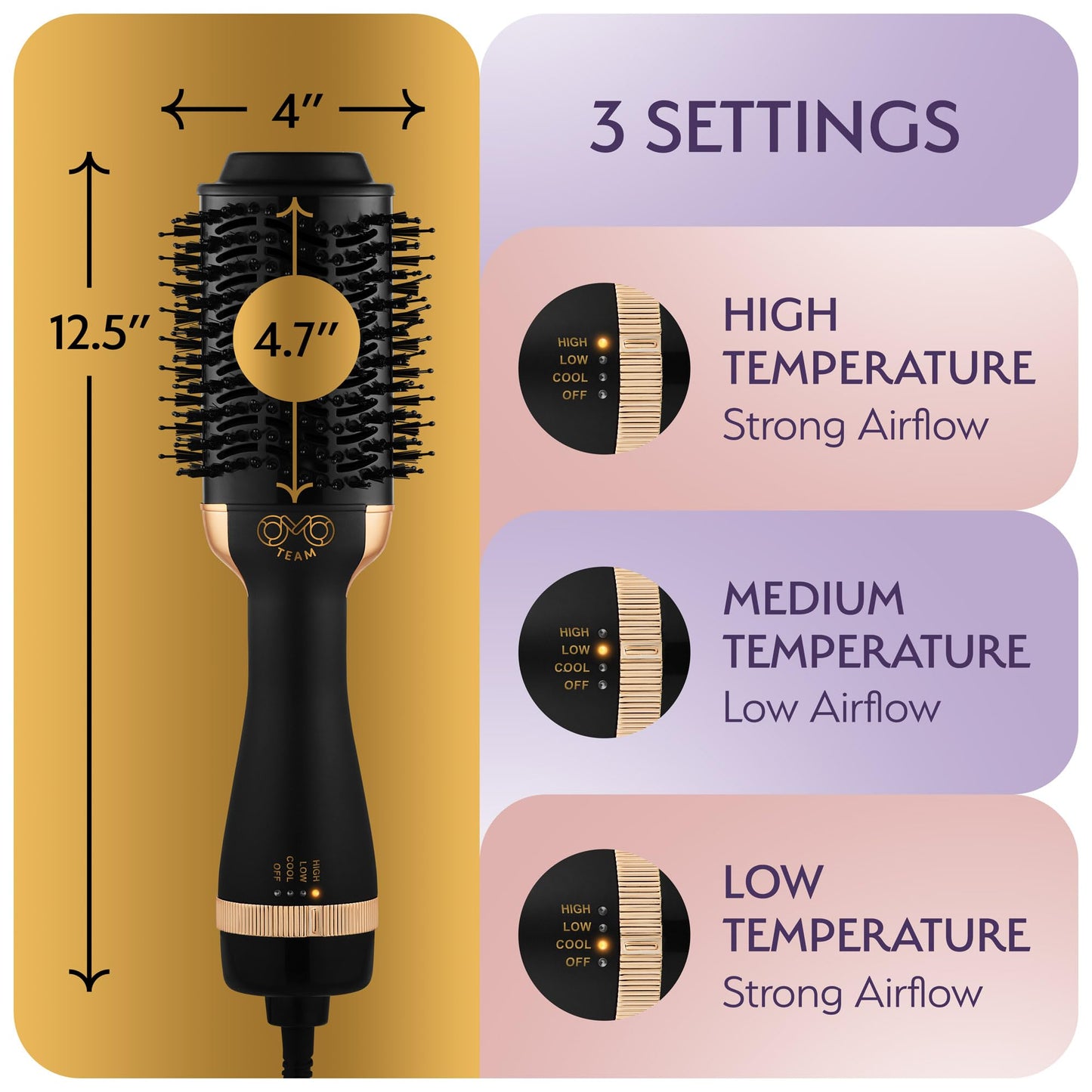 Professional Blowout Hair Dryer Brush, Black Gold Dryer and Volumizer, Hot Air Brush for Women, 75MM Oval Shape (Black Gold)