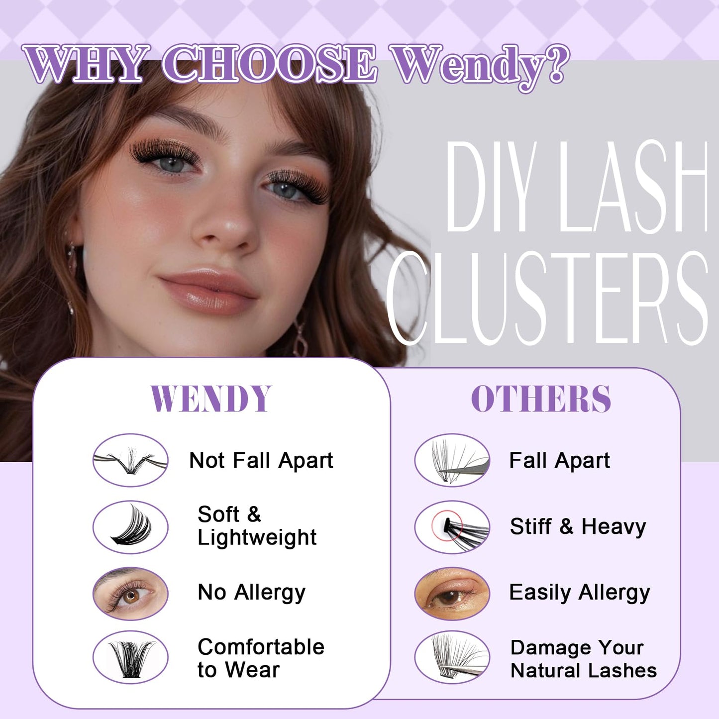 WENDY LASHES 50D Natural Lash Clusters with Bottom lashes 249PCS Individual Eyelash Extensions Reusable False Eyelashes Mix 10-16mm D-Curly Lash Extension at Home