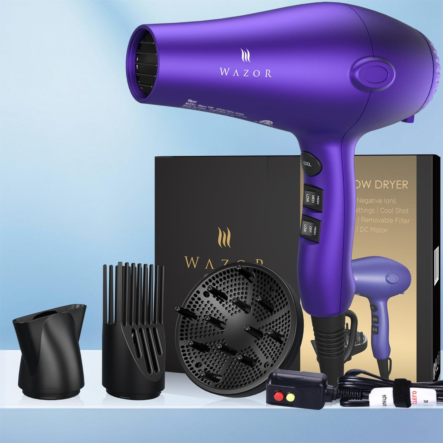 1875W Professional Hair Dryer, Lightweight & Quiet Ionic Blow Dryer, Tourmaline Ceramic Technology for Fast Drying with 2 Speeds & 3 Heat Settings, Damage-Free Shiny Hair, Cool Shot Button, Purple
