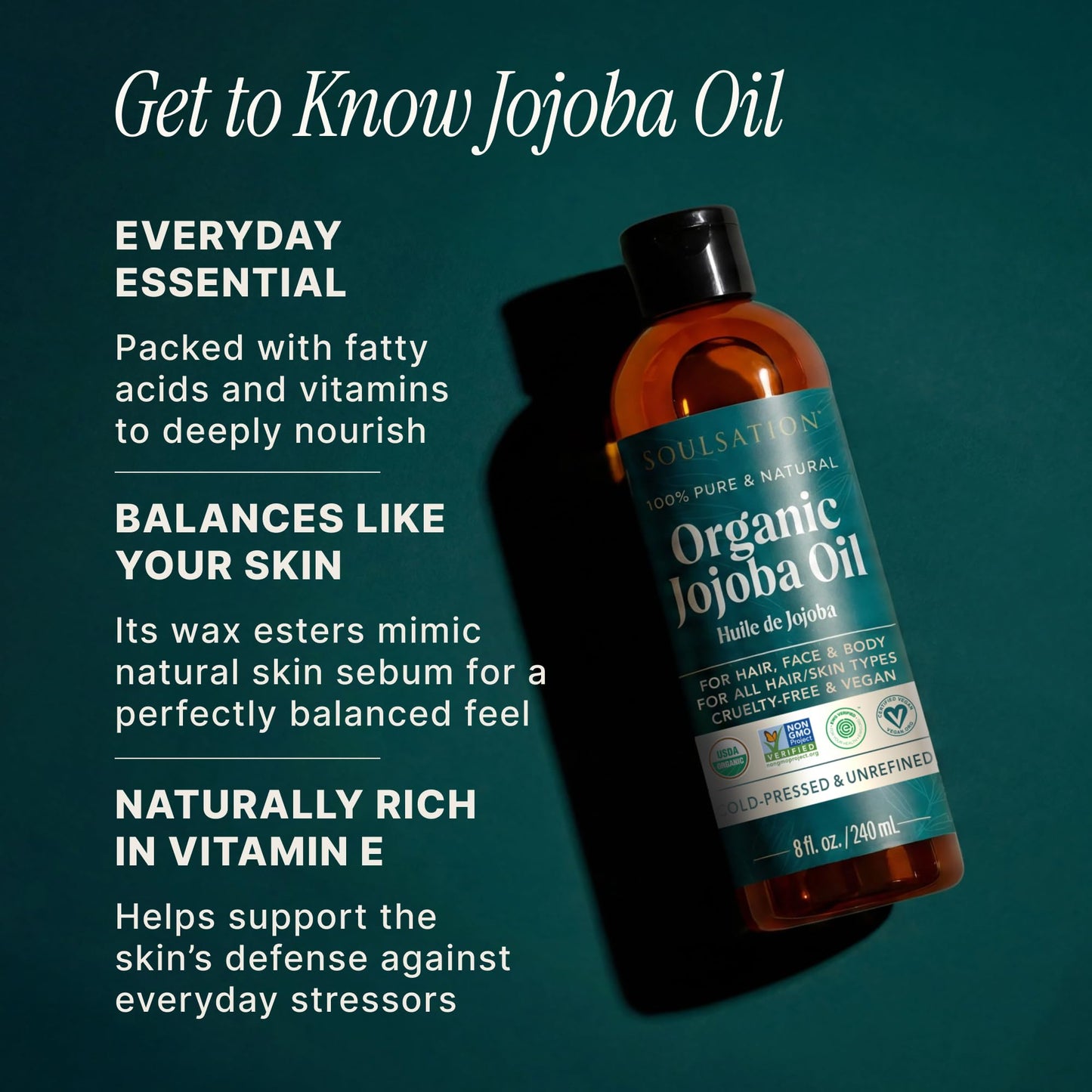 SOULSATION Organic Jojoba Oil for Skin, Hair & Face (16oz) | 100% Pure, Natural Cold Pressed