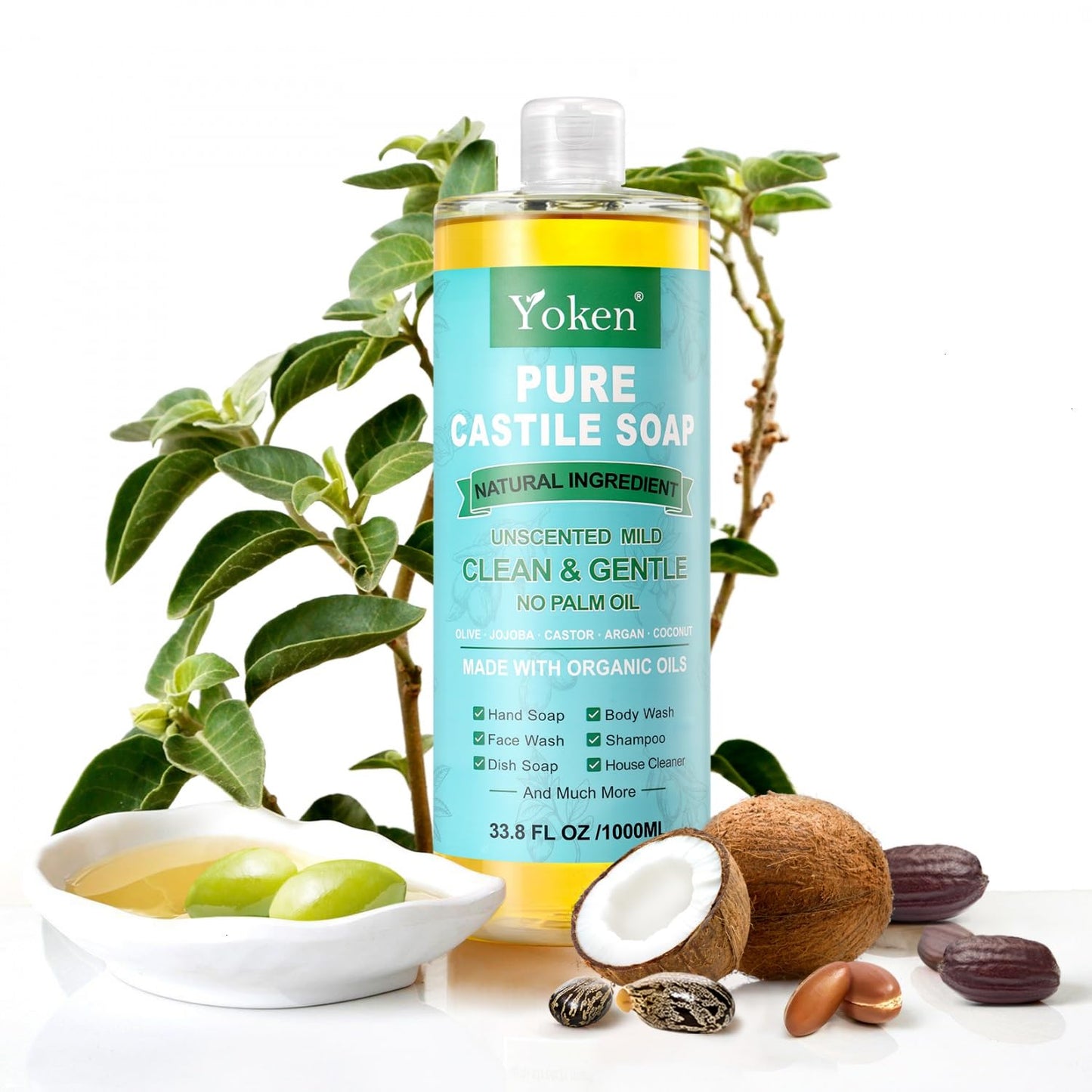 Yoken EWG Verified Castile Soap Liquid Unscented 33.8 fl oz Pure Castile Liquid Cleanser Made With Organic Oil, Clean & Gentle, Natural Castor Oil Soap for Body Wash, Hand, Dishes, Laundry