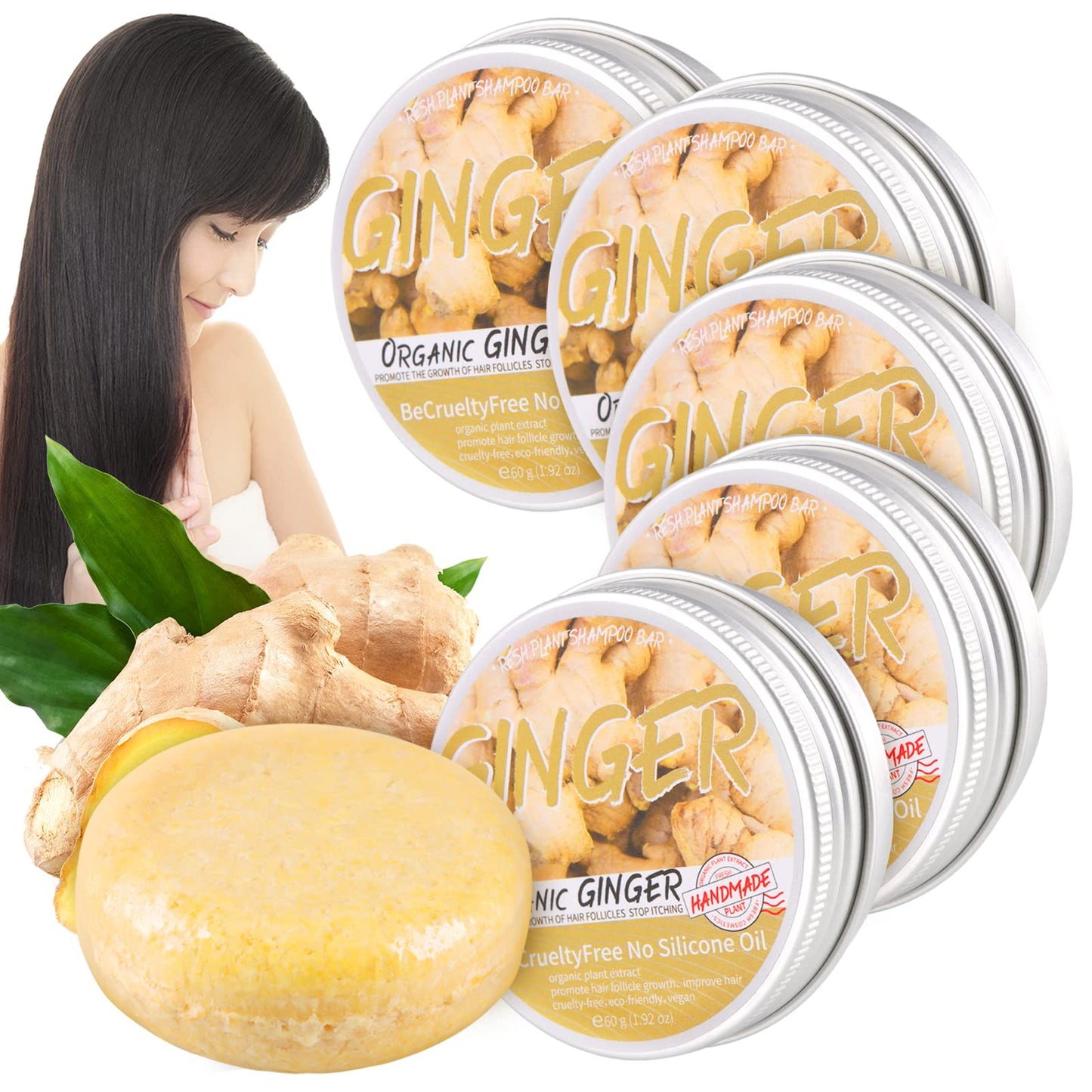 Zoreni Ginger Hair Regrowth Shampoo Bar, Natural Organic Ginger Shampoo Soap for Anti Hair Loss,dandruff,itching, Promotes Hair Growth, 5 Pack (2 Fl Oz each)