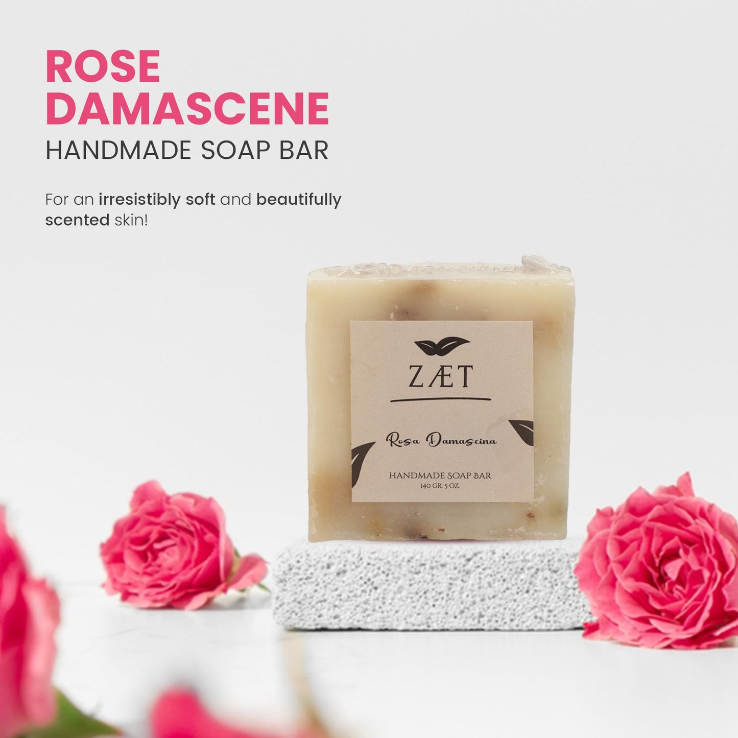 ZÆT 8-Pack Rose Damascene Bar Soap – Natural Rose Extract with Olive Oil and Coconut Oil - Handmade Soap Bar for Face and Body - Gently Cleanses and Hydrates All Skin Types- For Men and Women