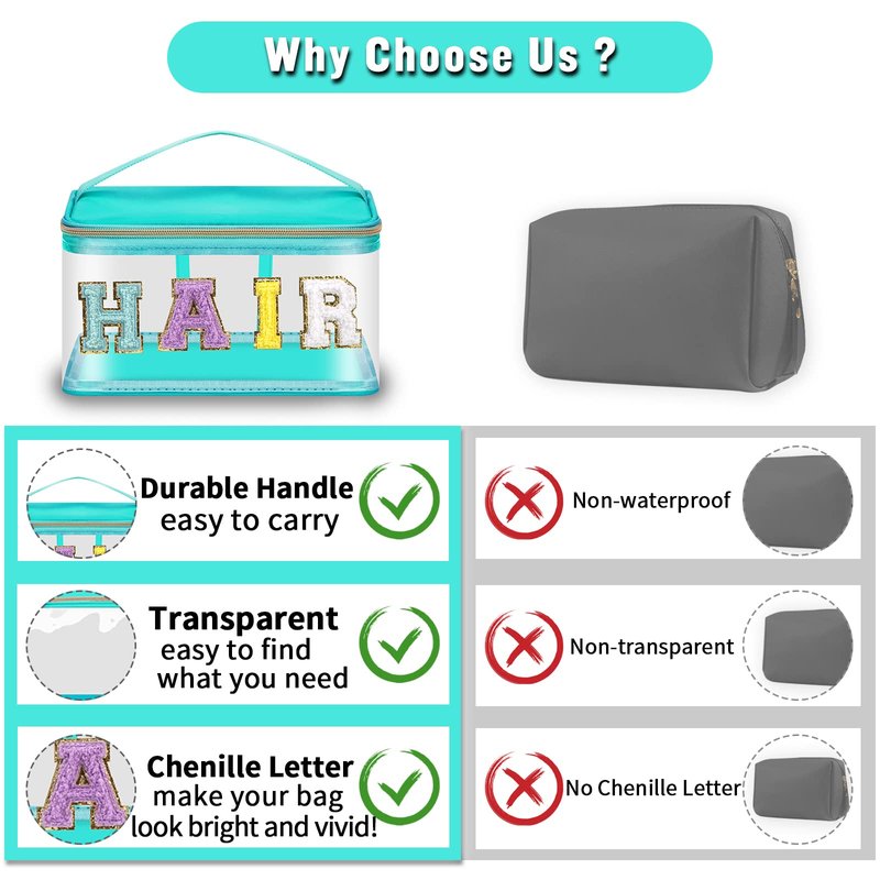 2 Pcs Chenille Letter Clear Makeup Bags FaceHair Pouch, Preppy Patch Travel Face Bag Zipper with Handle, Travel Hair Bags for Hair Stuff Waterproof Cosmetic Toiletry Storage for Women Girl(HAIR+FACE)