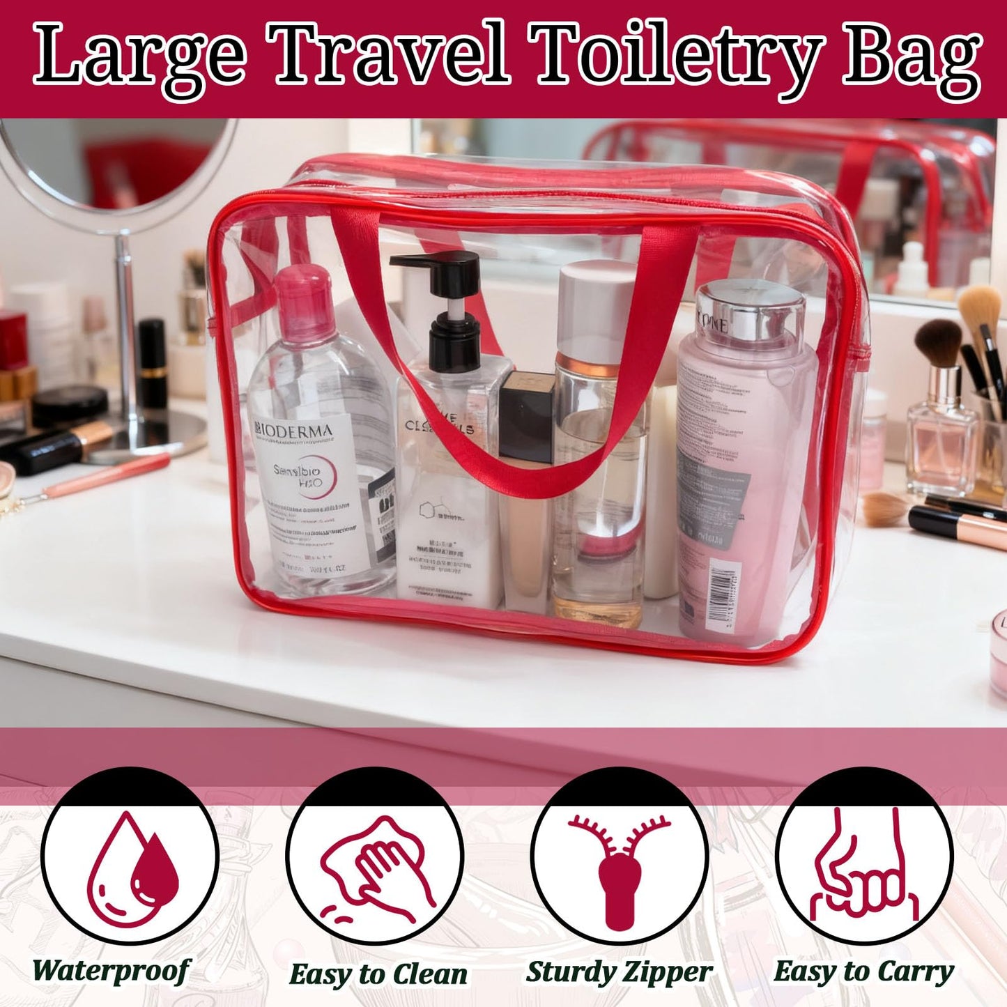YOQIVEXU 4 Pack Large Clear Makeup Bag, Heavy Duty PVC Clear Cosmetic Toiletry Organizer Bags with Handle, Waterproof Plastic Toiletry Zipper Tote Bags for Travel, Gym, Cosmetic, Toiletry
