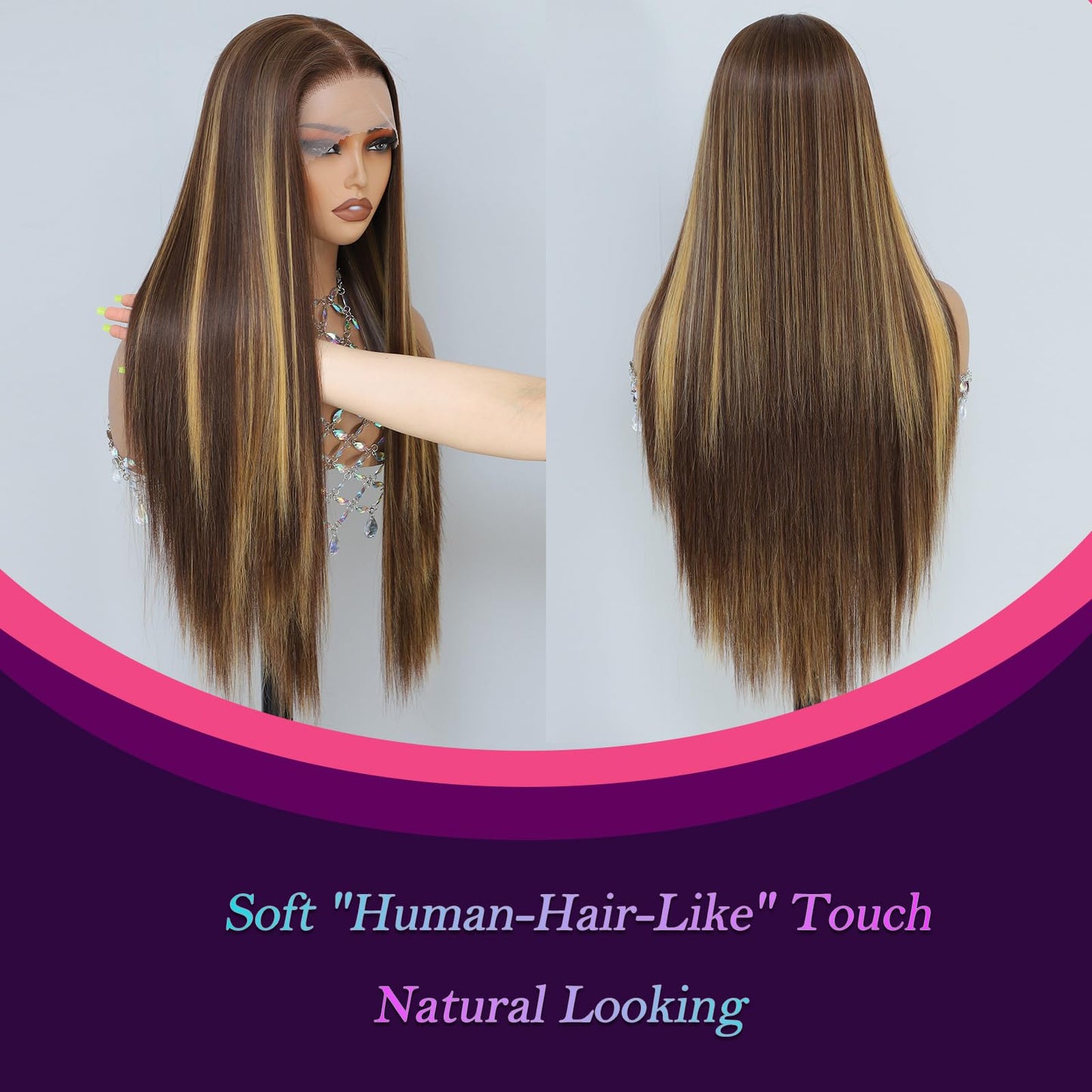 Barbique Synthetic Lace Front Wig, Honey Blonde Wig 13x6 Hd Lace Pre-Plucked Long Straight Highlights Glueless Wigs for Black Women 26 Inch Suitable for Everyday Wear