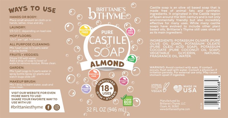 Brittanie's Pure Castile Liquid Soap Eucalyptus – 2 Pack (32oz Each) | Natural, Organic, Multi-Purpose Soap for Body, Face, Home & Pets | Vegan, Sulfate-Free, Made in USA
