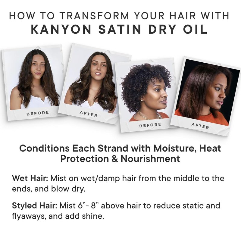 Kanyon Satin Dry Oil for Colored & Damaged Hair - Non-Greasy, High Heat Protection, UV Protection | 3.3 Oz