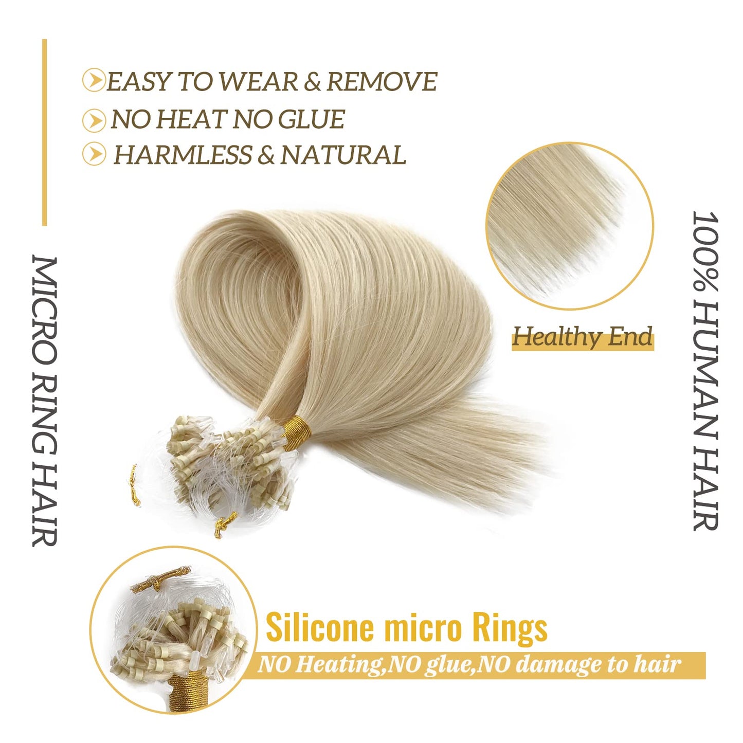 White Blonde Micro Beads Hair Extensions for Women - Micro Ring Cold Fusion Platinum Blonde #60 Microlink Natural Straight Soft Human Hair 50G/50Strands