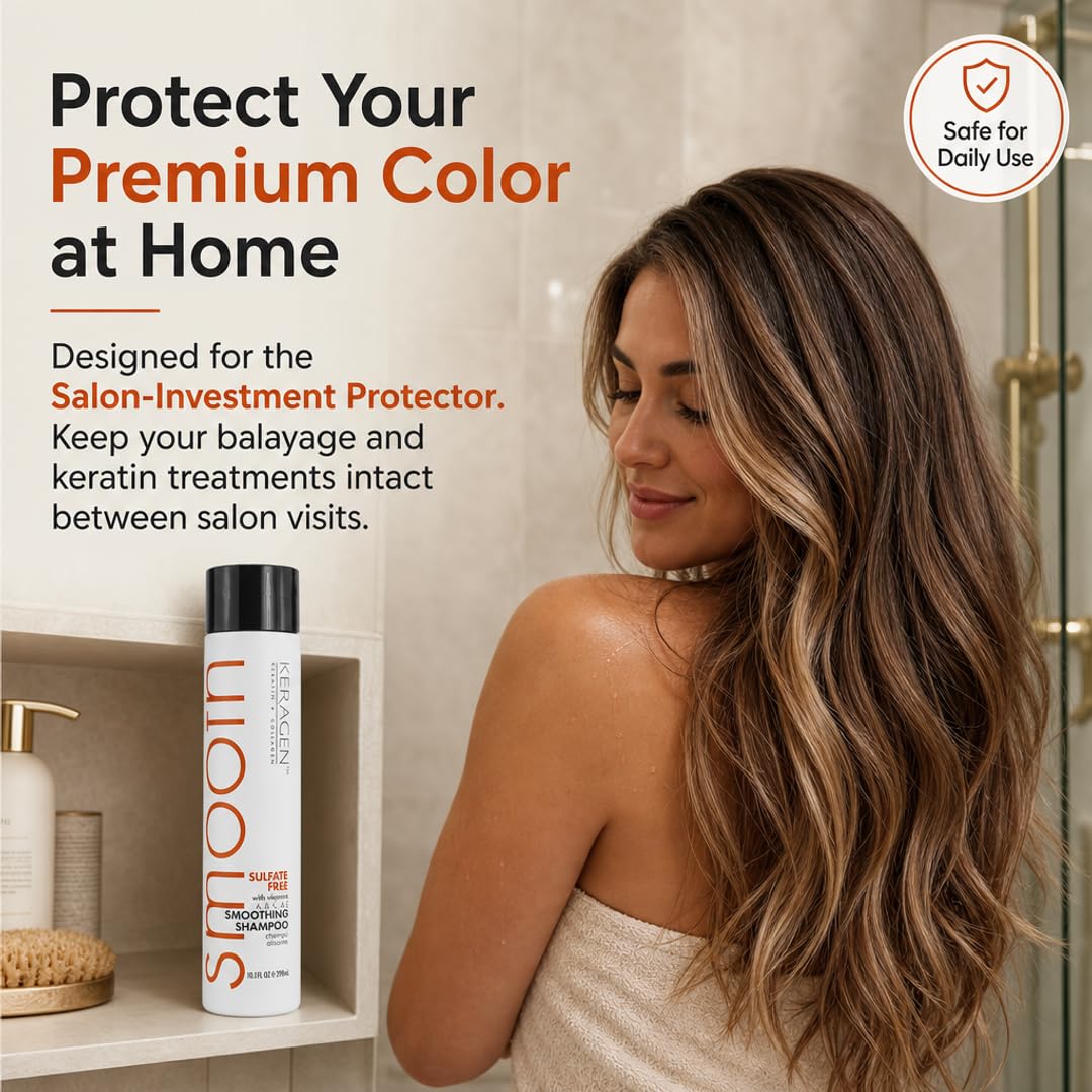 KERAGEN Sulfate-Free Smoothing Shampoo – Dual-Protein Formula for Color-Treated & Damaged Hair | Frizz Control, Heat Protection | Professional & At-Home Use | Made in USA | 10 oz