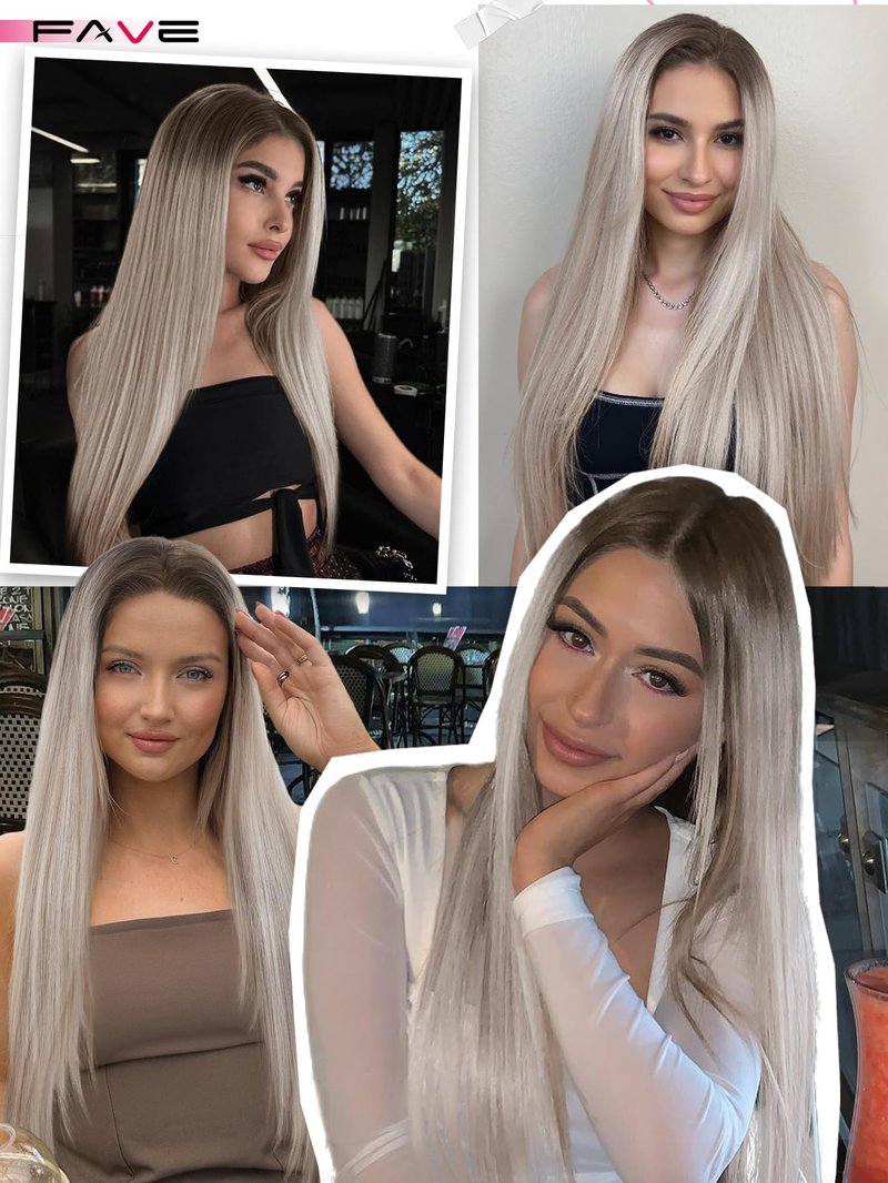 FAVE 13x4 HD Lace Front Wig 28" Ombre Wig Ash Blonde with Brown Wig Long Straight Synthetic Hair Pre-Plucked Hairline Heat-Resistant Glueless Lace Front Wigs for Women