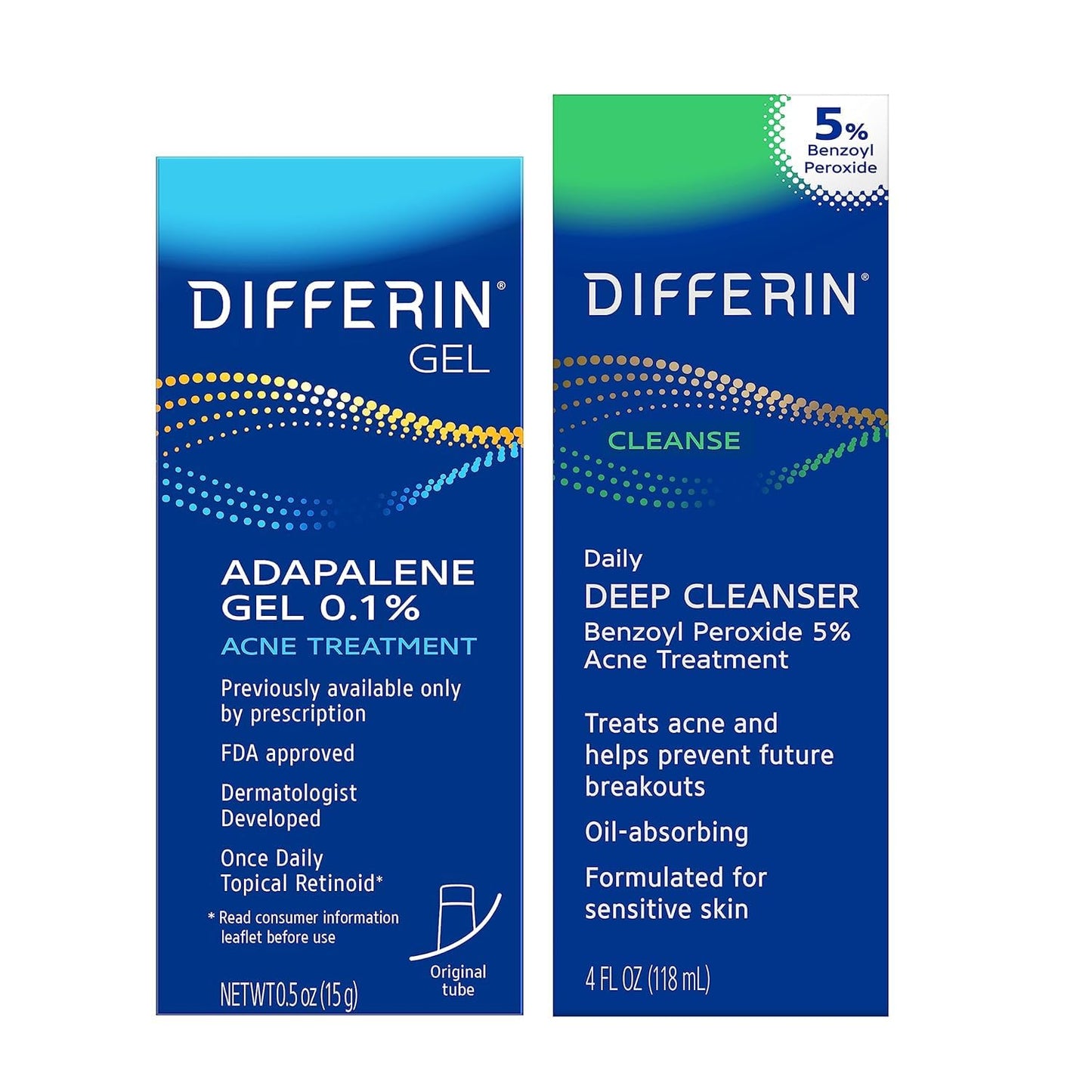 Differin Acne Treatment Kit - Gel Retinoid & Benzoyl Peroxide Wash for Acne-Prone Skin | 0.1% Adapalene, 5% Benzoyl Peroxide