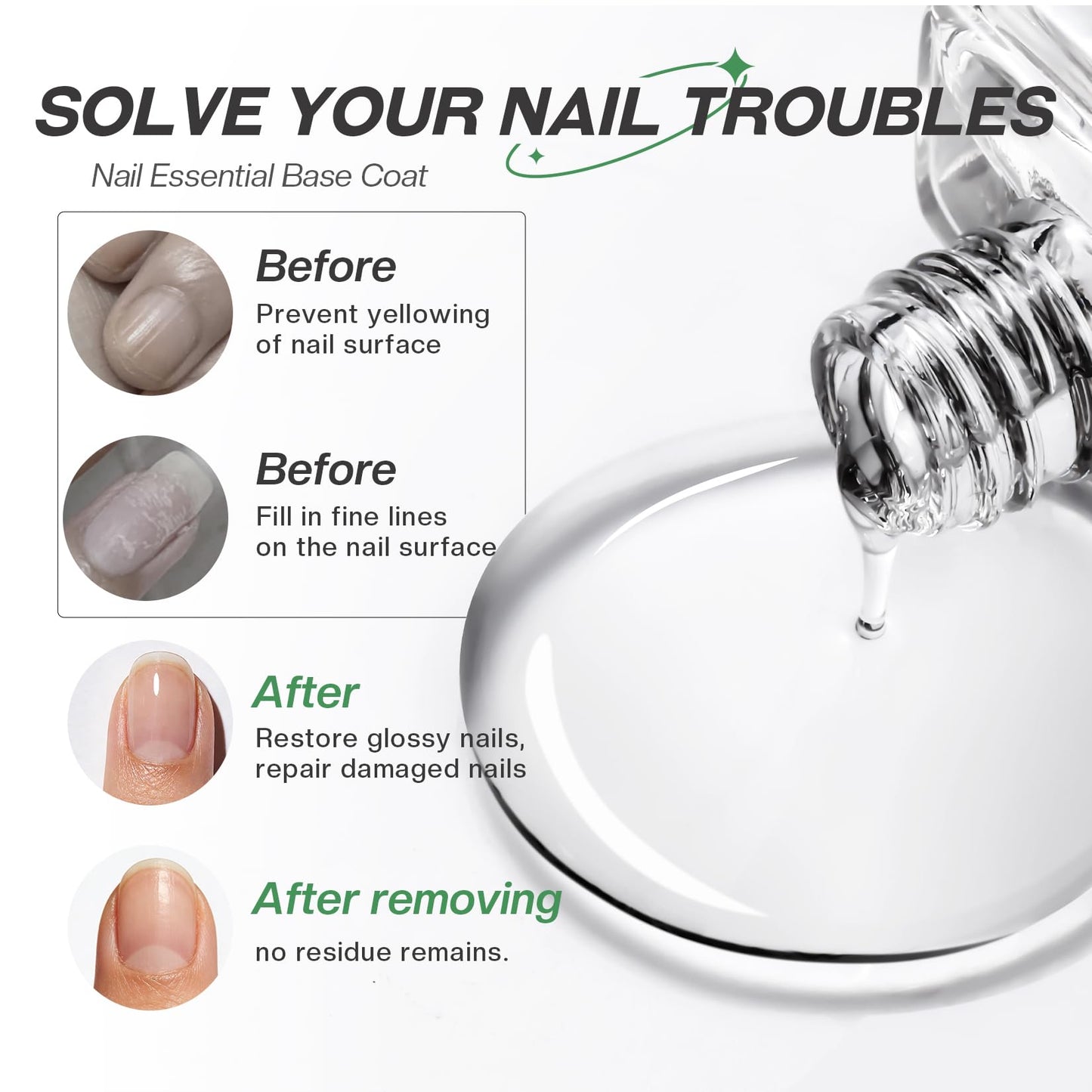 Glamonade Base Coat Nail Polish Clear: Quick Dry Nail Polish Long Lasting Fingernail Toe Polish Color Strengthener Natural Nail Repair 0.34 fl oz Nail