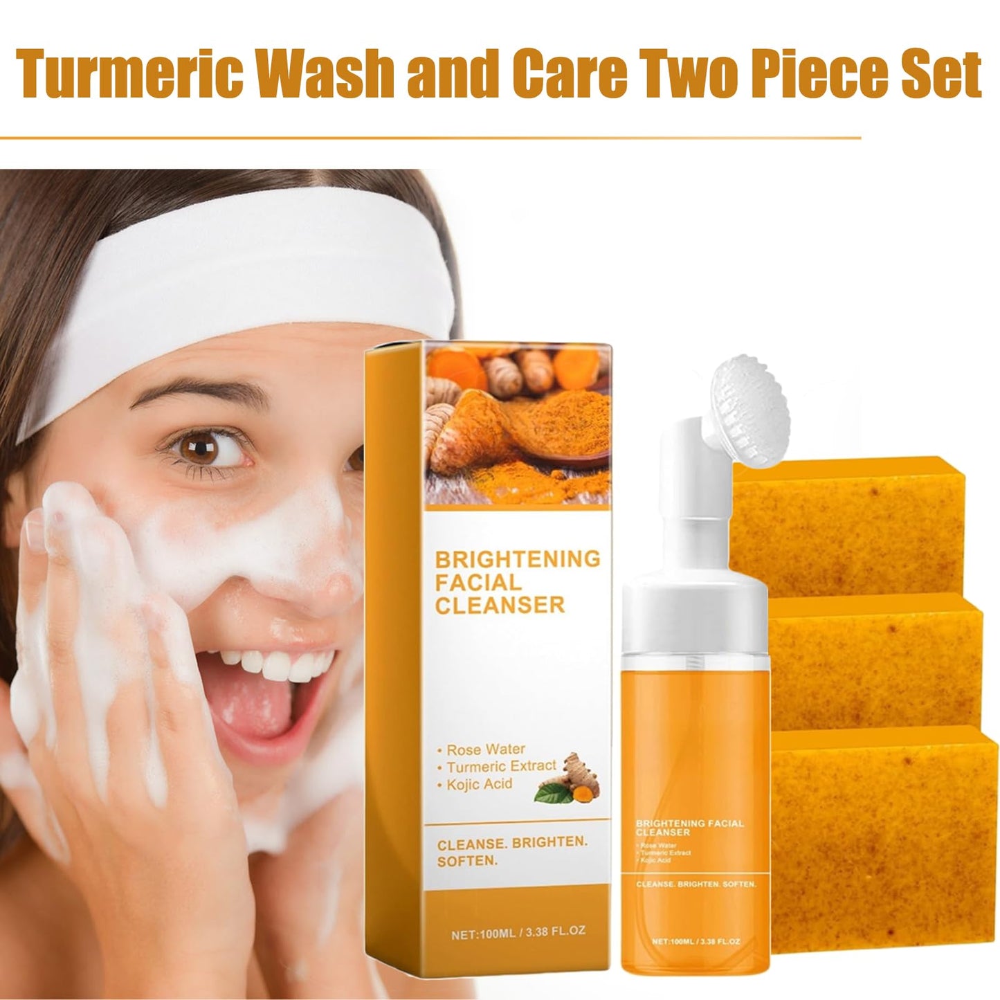 HABOHUSE Turmeric Wash and Care Two Piece Set, Turmeric Soap & Face Wash with Brush, Foaming Mousse Facial Deep Cleansing Exfoliating for Face & Body Skin Care (2,2Set)