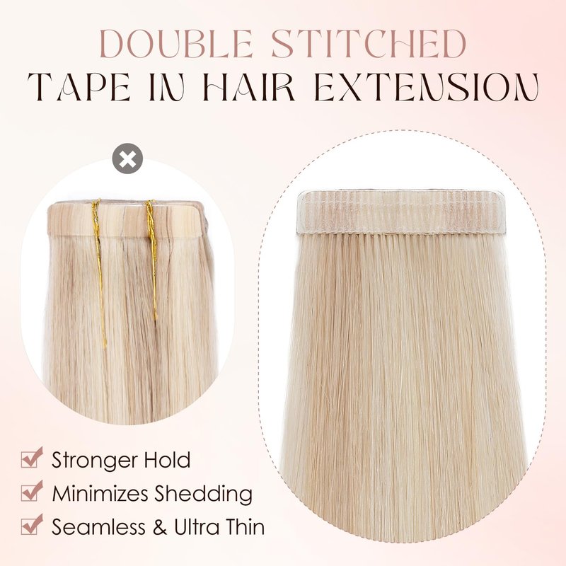 Human Hair Tape in Extensions-Double Stitched,SLEEKALON Free-cut Mini Tape ins Real Hair Extension Platinum Blonde Invisible Seamless Straight Double Side Tape Hair Extension-18 Inch,20pcs 50g,#60