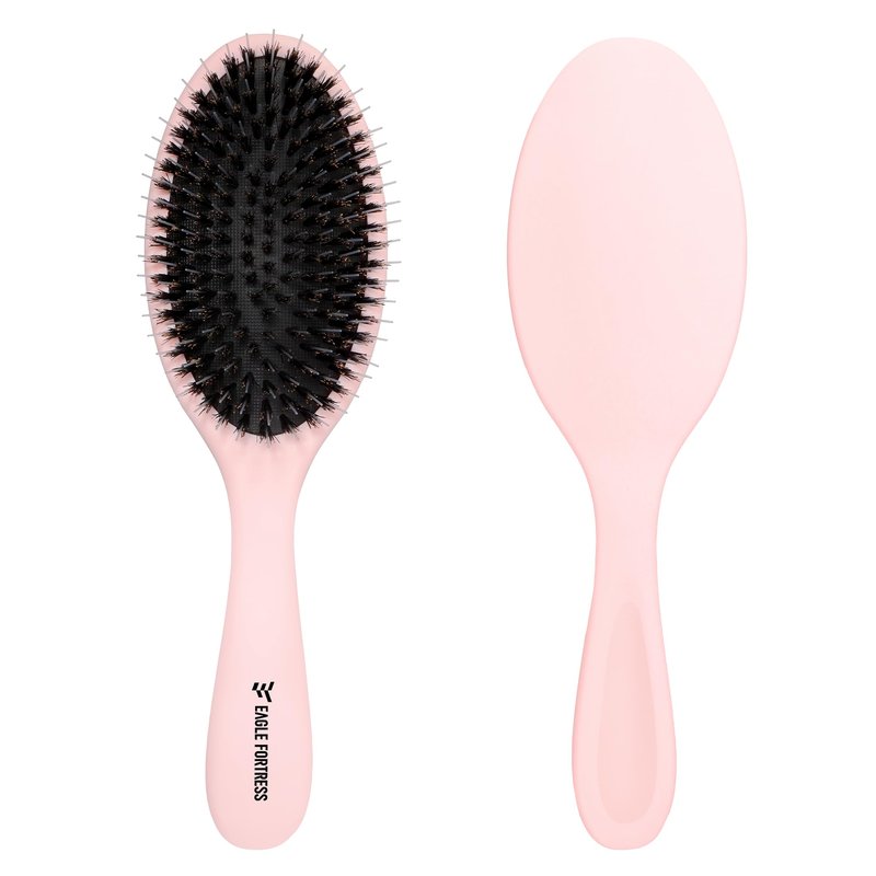 EAGLE FORTRESS Boar Bristle Hair Brush for Women, Men & Kids, Detangling Hair Brushes for Thick, Thinning, Dry or Wet Hair with Nylon Pins, Smooth & Shine Hair Brush for Extensions – Pink