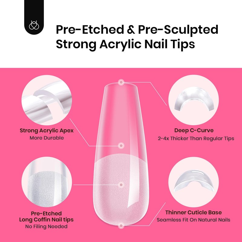 Beetles Tipex Instant Apex Nail Tips Kit,Long Coffin, 224PCS 16 Sizes, Reinforced Apex for Strong Long-Lasting Wear, 20g Solid Nail Glue, Mini UV Lamp