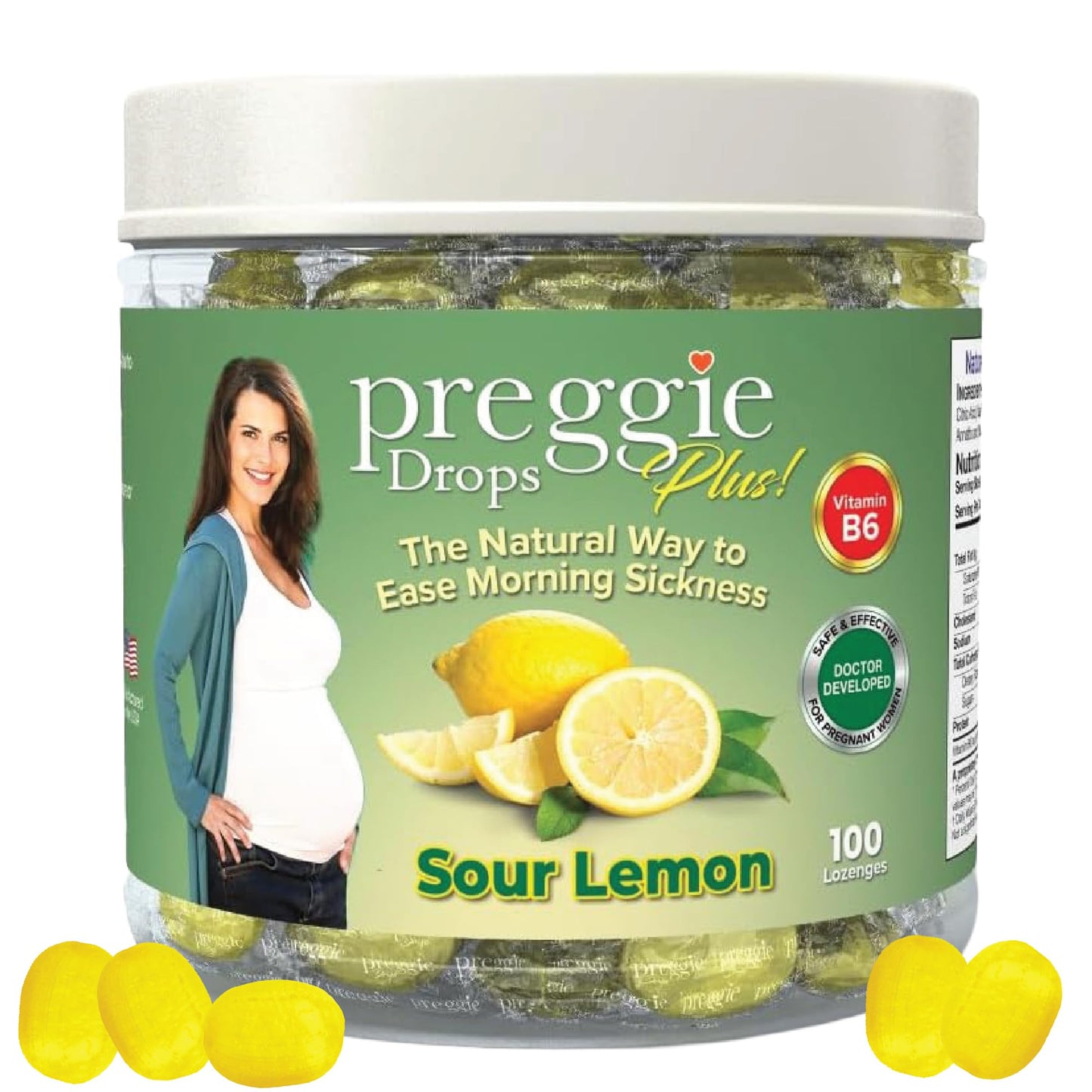 Three Lollies Preggie Drops Plus Pregnancy Nausea Relief Drops with 10 mg Vitamin B6 and Essential Oils, Morning Sickness and Queasy Stomach Support for Pregnant Women, Sour Lemon, 100 Count