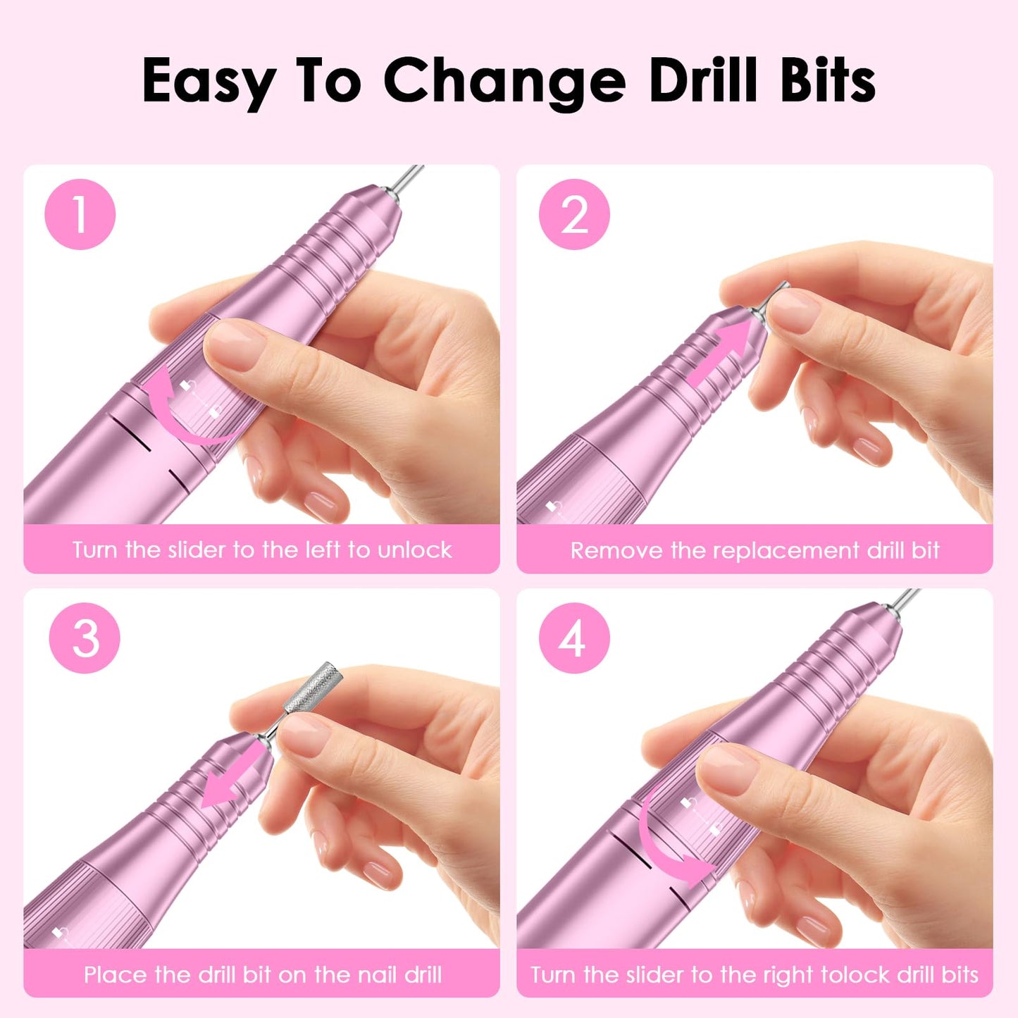 Professional Electric Nail Drill File, HUGMAPLE 45000RPM Portable E-File Machine with Bits & Base, Cordless Rechargeable Nail Drill Kit for Shaping, Removing & Polishing Gel Nails for Salon Home, Pink