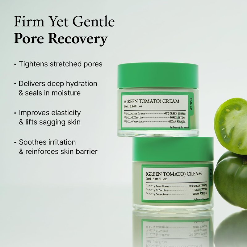 FULLY Green Tomato Facial Cream, Pore Lifting with 65% Green Tomato Extract and Vitamin C, Facial Moisturizer for Hydration and Elastcity, Fragrance Free, Vegan & Dermatologically Tested, 3.04 fl,oz